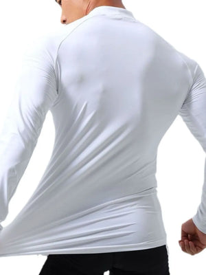 White long sleeve mock neck compression activewear top with stretch fabric