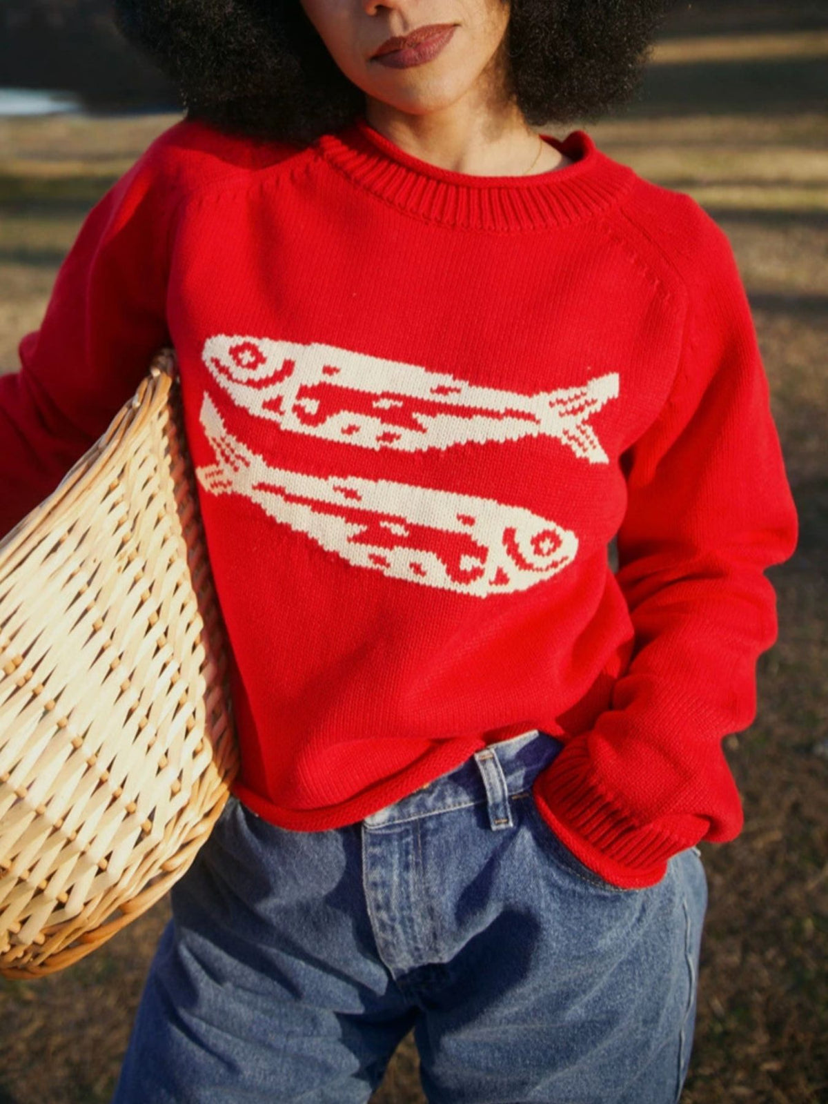 red crewneck sweater with fish and crew neck