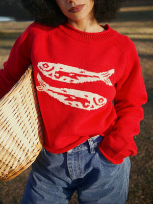 red crewneck sweater with fish and crew neck
