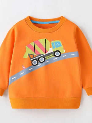 Kids' orange crew neck sweatshirt with cement truck graphic and road detail.