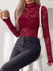 Beige fitted blouse with mock neck