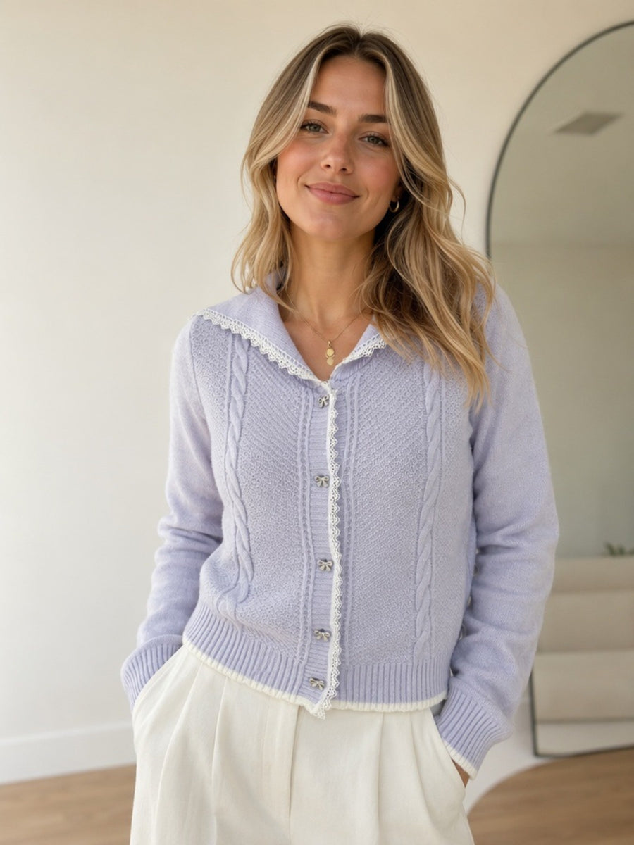 lavender cardigan with cable knit and collared