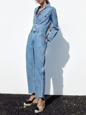 jumpsuit in light blue featuring buttoned and relaxed fit