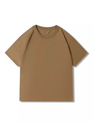 Men's apricot 100% cotton crew neck t-shirt with short sleeves.