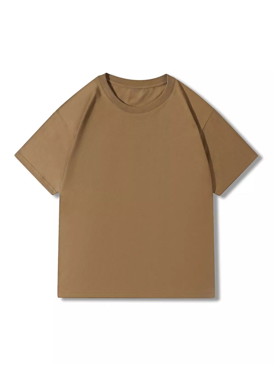 Men's apricot 100% cotton crew neck t-shirt with short sleeves.