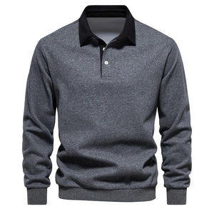 Dark Gray long sleeve rugby sweatshirt with black collar and two button placket.