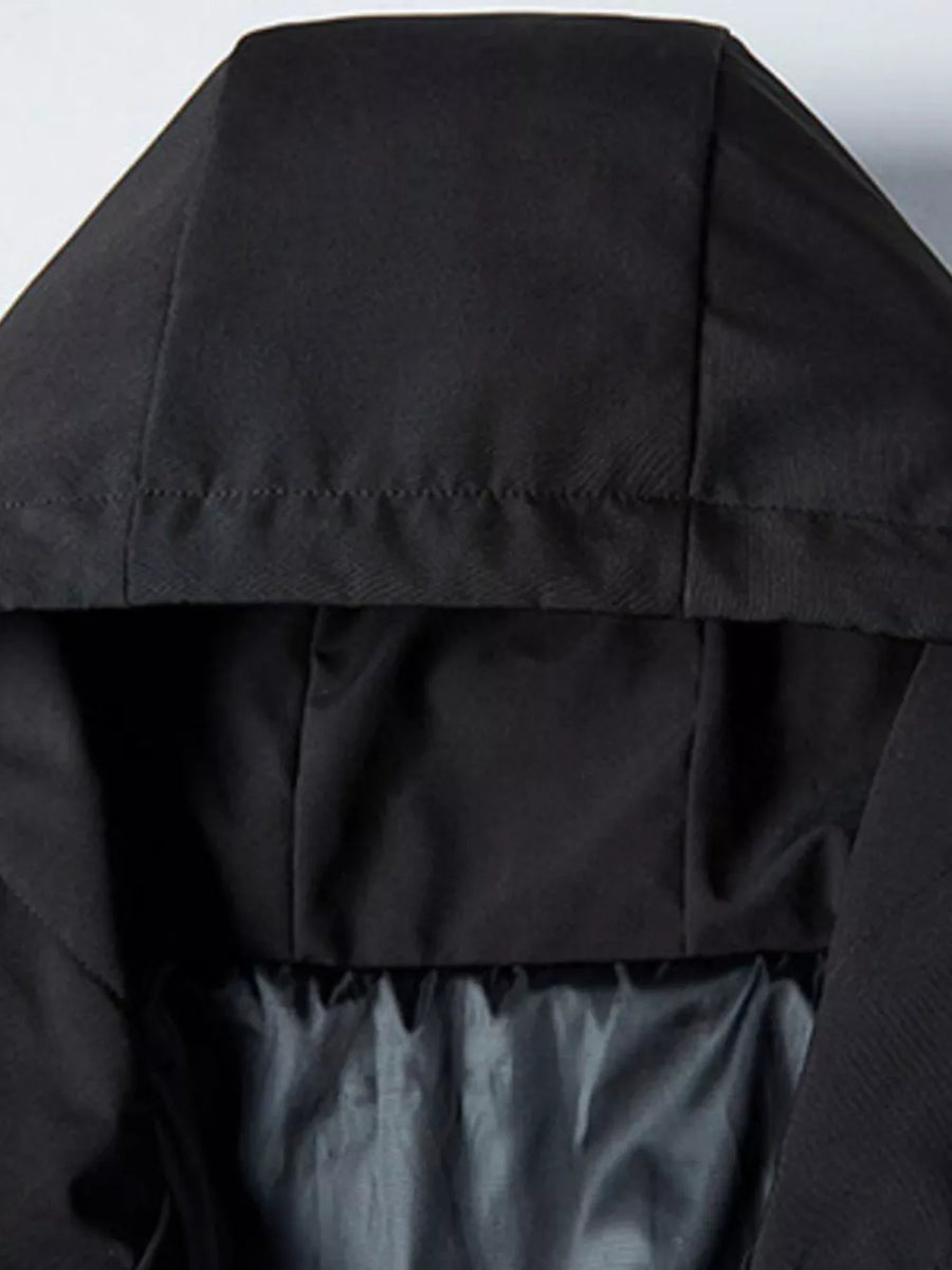 Black hooded jacket with quilted lining and detailed stitching