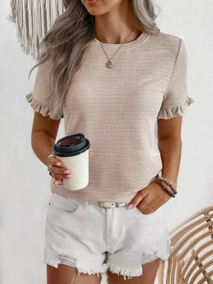 Khaki textured t-shirt with ruffle sleeves and crew neck.