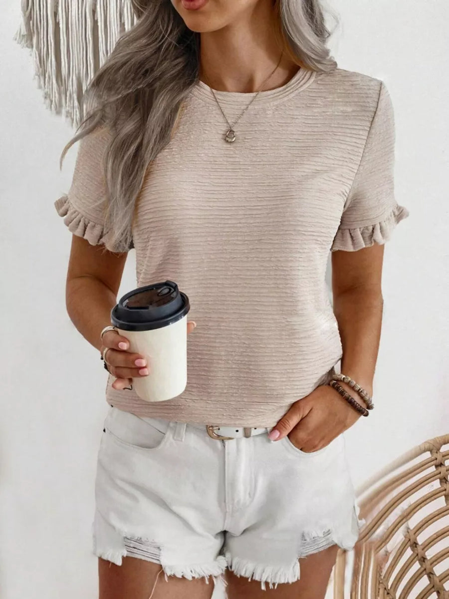 Khaki textured t-shirt with ruffle sleeves and crew neck.