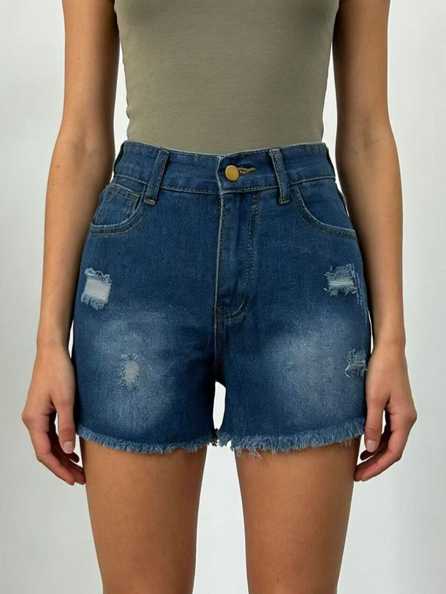 Dark blue distressed denim shorts with frayed hem and high waist.