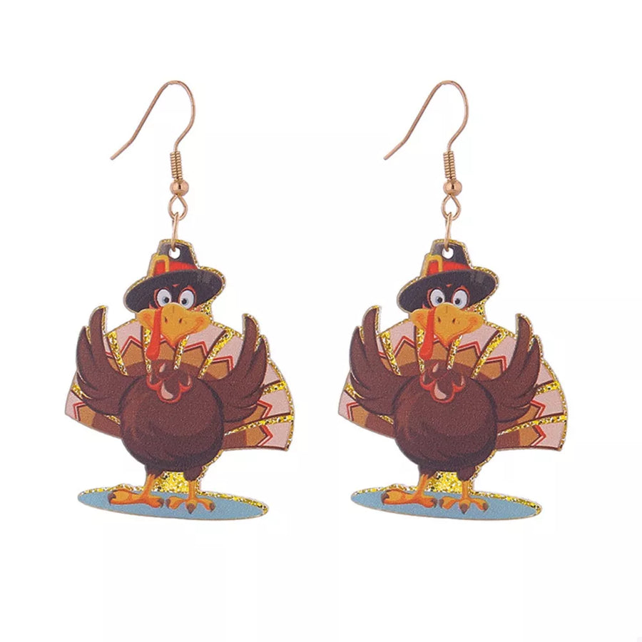 Festive turkey dangle earrings in Style F, acrylic with gold accents, featuring a cute pilgrim turkey design.