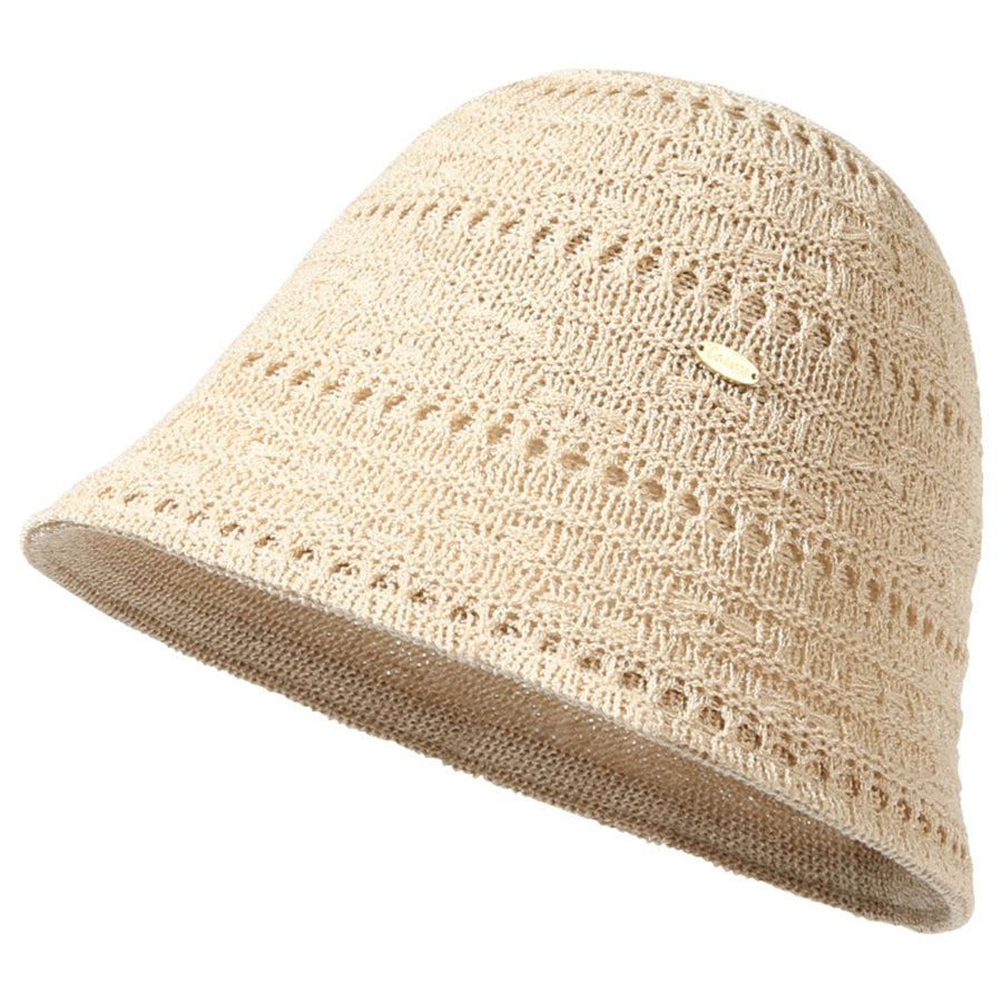 Beige ventilated knitted bucket hat with openwork pattern and small gold logo detail.