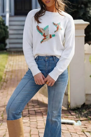 teal pullover sweater featuring drop shoulder and animal motif