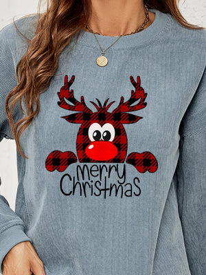 Misty Blue corduroy sweatshirt with a plaid reindeer graphic and Merry Christmas text.