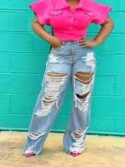 Distressed light wash denim wide-leg maternity jeans with drawstring waist.