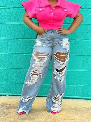 Distressed light wash denim wide-leg maternity jeans with drawstring waist.