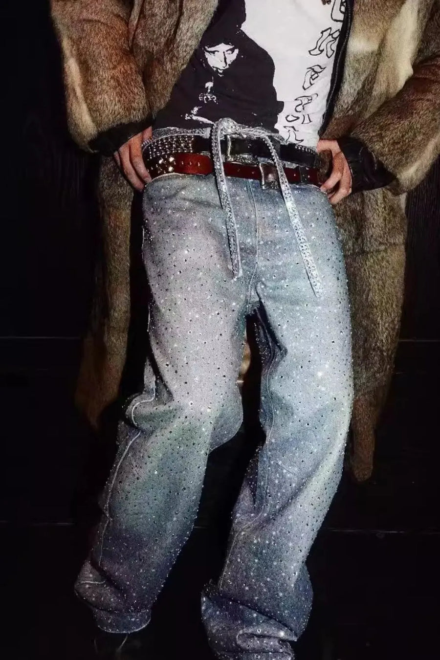 Ombré crystal embellished wide leg jeans in dark and medium washes with a gradient sparkle effect.