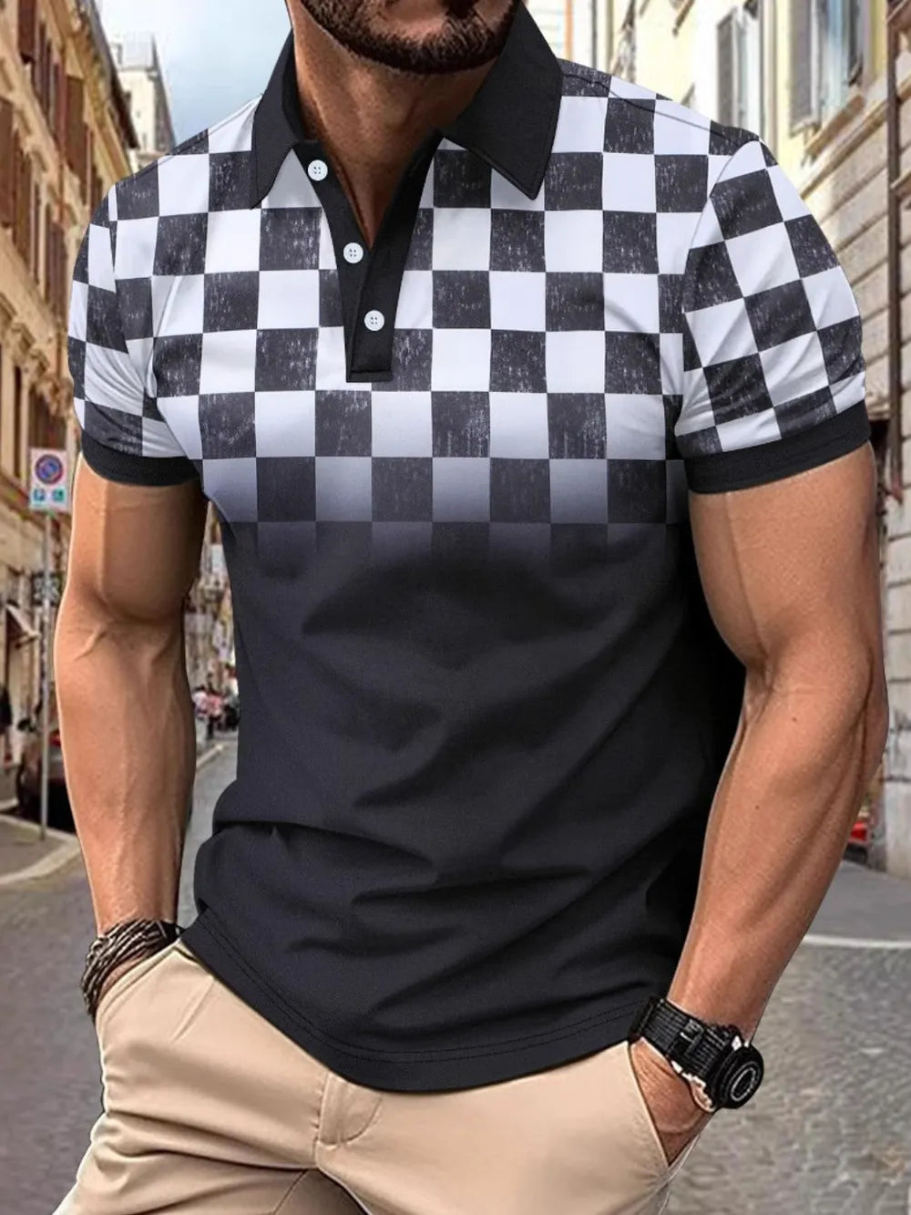 Ombre checkered polo shirt with black collar and short sleeves.
