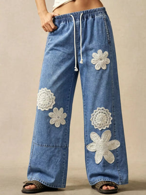 wide-leg jeans in cream with floral and drawstring waist