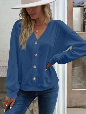 Casual V-neck Waffle Long Sleeve Top in White, view 11
