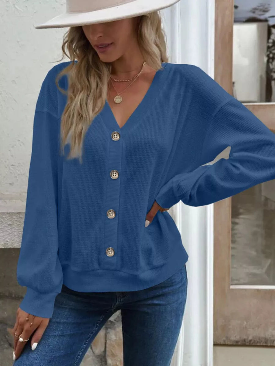 Casual V-neck Waffle Long Sleeve Top in White, view 11