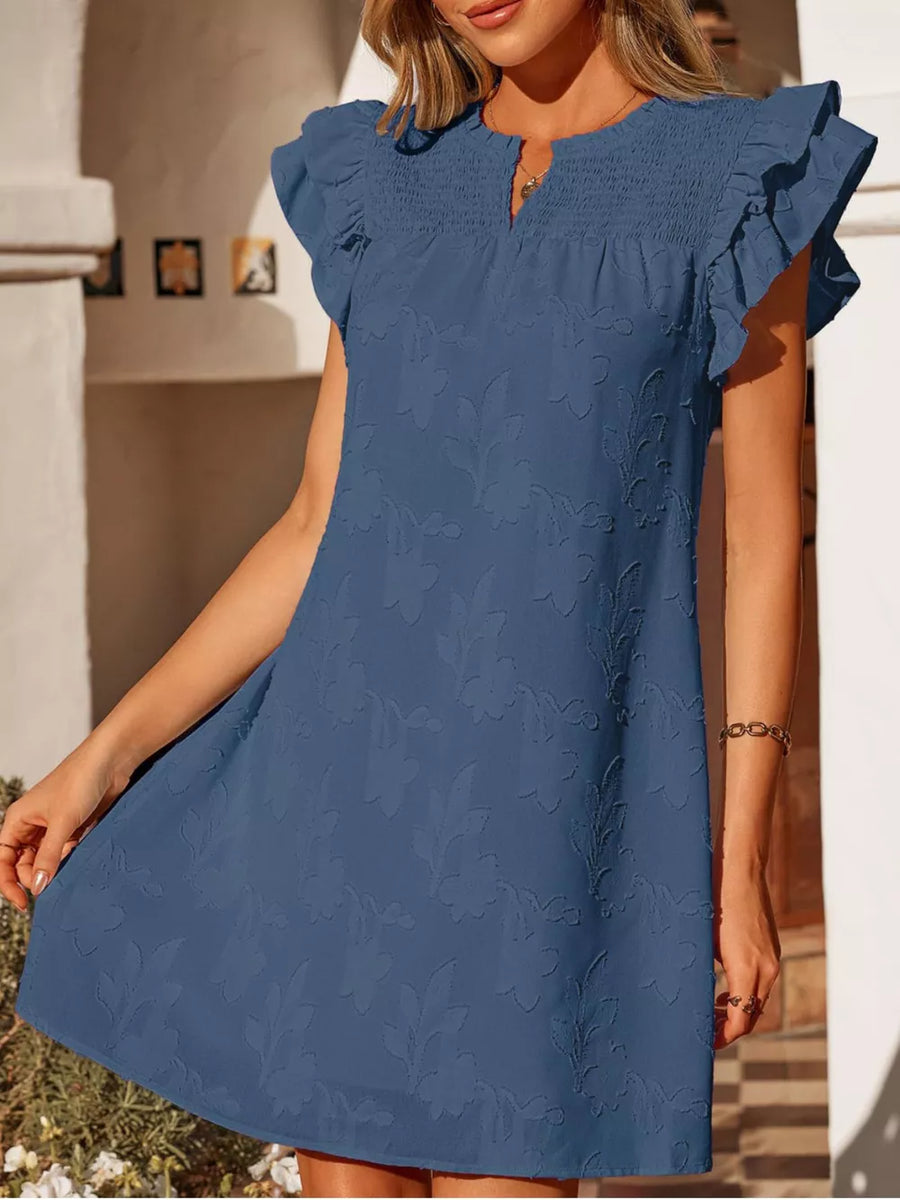 Blue floral embossed mini dress with smocked bodice and ruffled sleeves