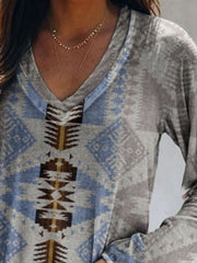 Geometric v-neck long sleeve t-shirt in grey with blue and brown tribal print