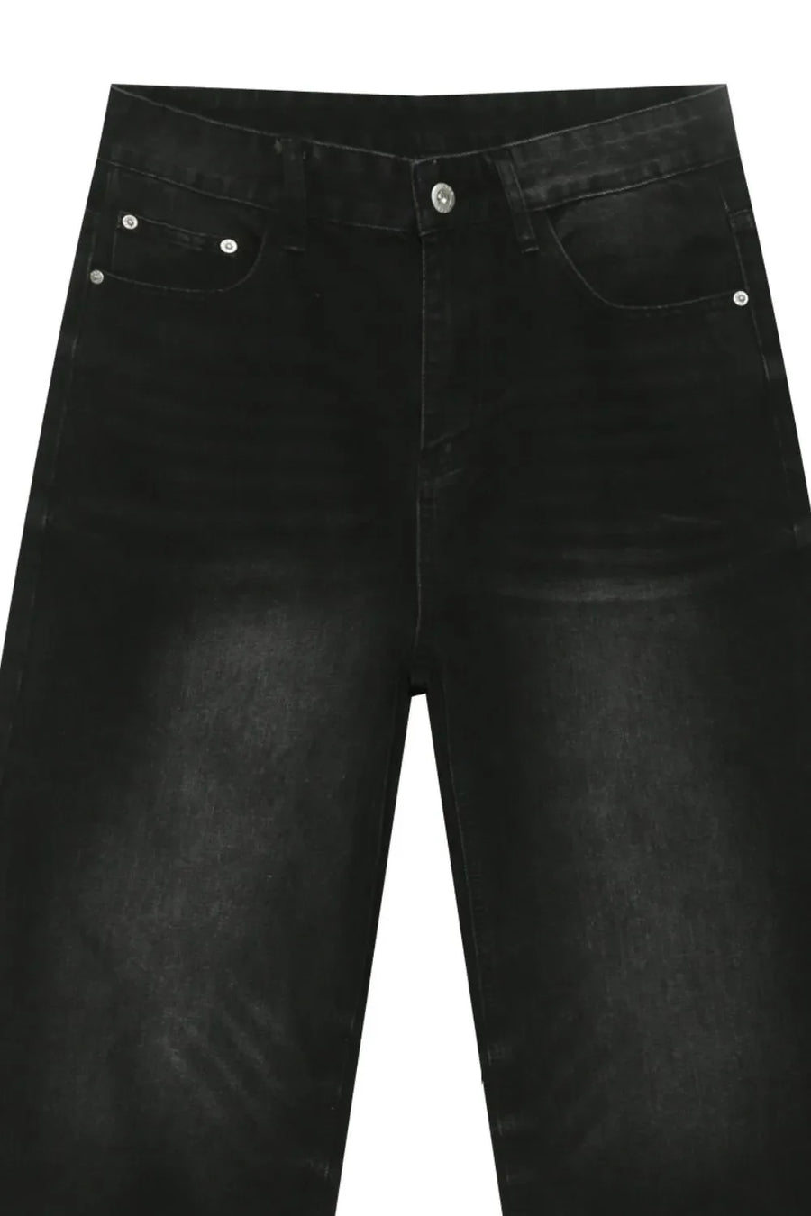 Faded black denim palazzo jeans with a high waist and wide leg.