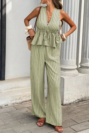 Sage striped two-piece set with peplum top and wide leg pants