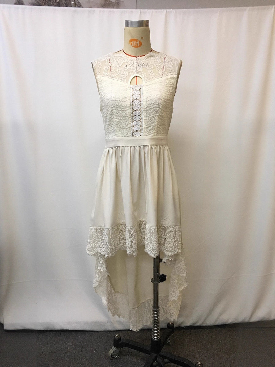 Cream lace trim high-low dress with cutout neckline and lace hem