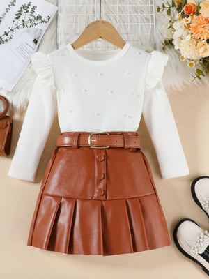 White ruffle sleeve pearl top and brown faux leather pleated skirt set with belt