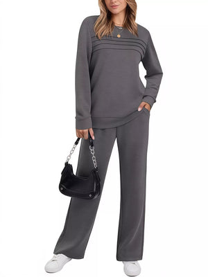 Gray casual long-sleeve top and pants set with subtle stripe detail on the chest.