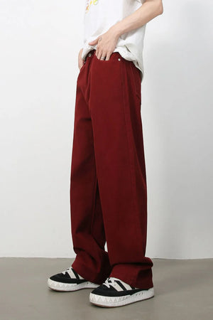 Burgundy wide-leg denim trousers with a casual fit.