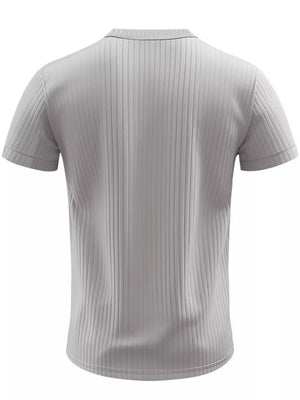 Gray ribbed henley t-shirt with short sleeves and a buttoned neckline.