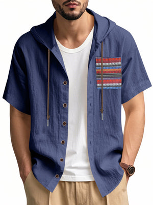 Navy blue hooded short sleeve shirt with patterned pocket detail and button front