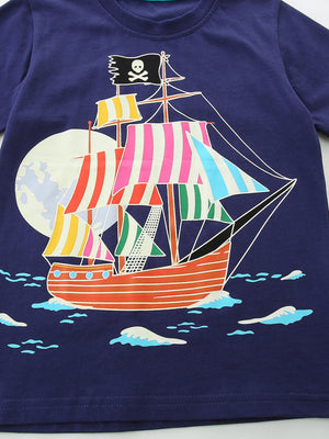 Navy blue cotton crew neck t-shirt with a colorful pirate ship graphic and moon.