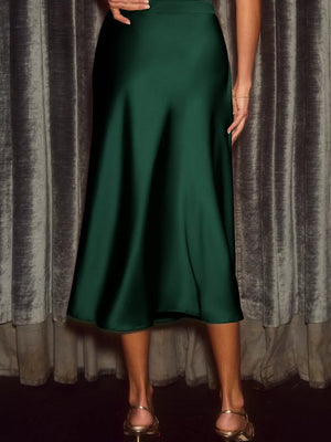Dark green satin midi skirt with an A-line cut.