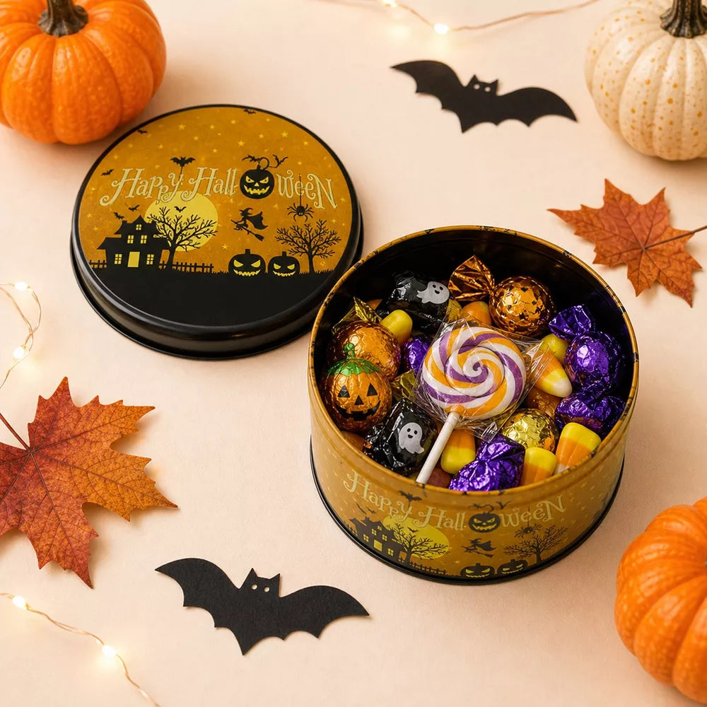 Tin in golden yellow featuring Halloween theme and round fit
