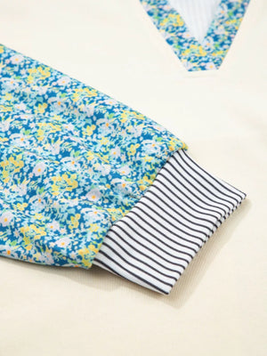 Floral Striped Drop Sleeve Collared Sweatshirt in Cream, view 15