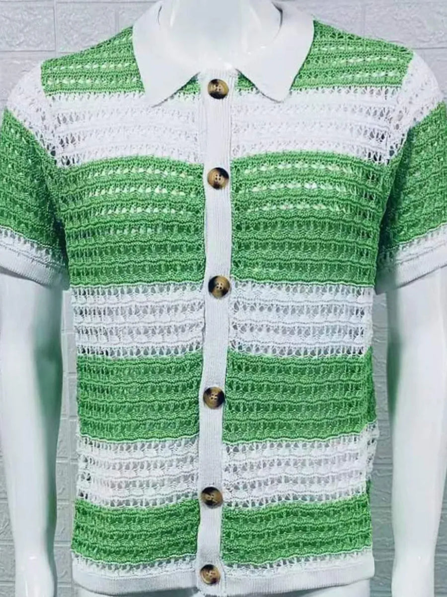 Green and white striped crochet polo shirt with button front and collar.