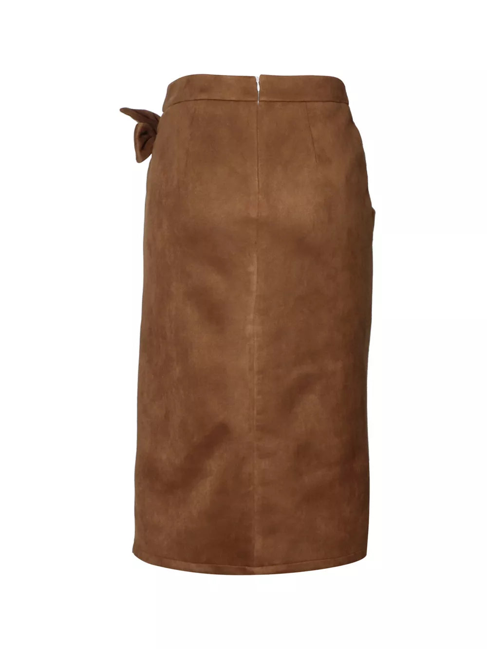 Brown midi skirt with a tie detail and slit, featuring a suede-like texture.