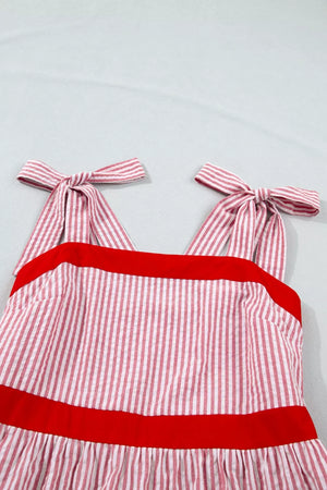 Red and white striped cotton maxi dress with red trim and bow knot straps.