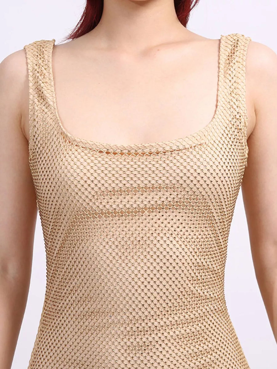 Gold metallic mesh tank top with scoop neck and wide straps.