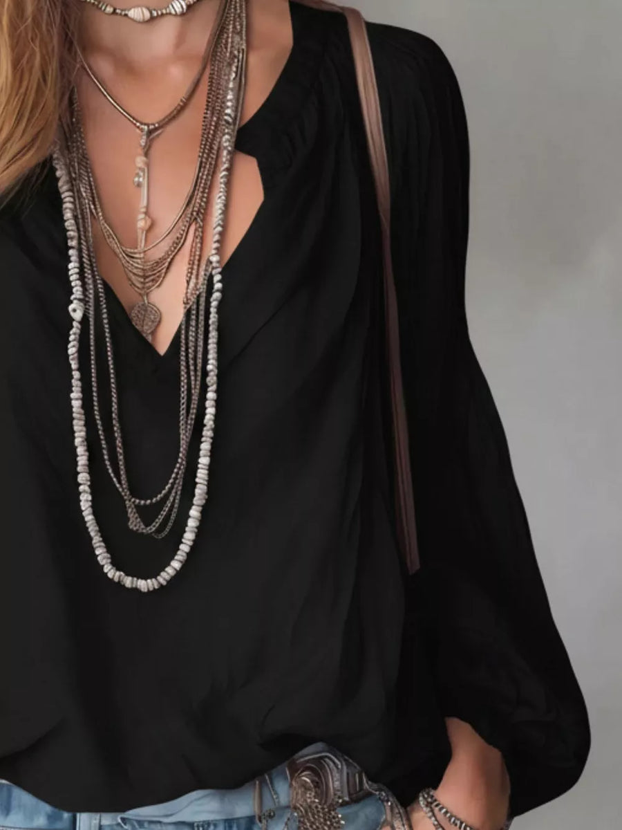Dark Blue Notched Balloon Sleeve Blouse