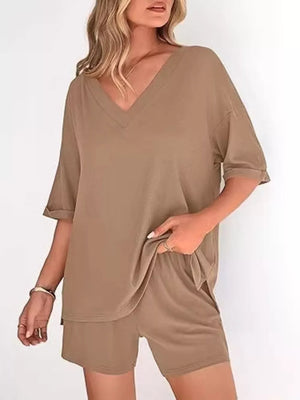 Army Green Solid Color V-neck And Shorts Set