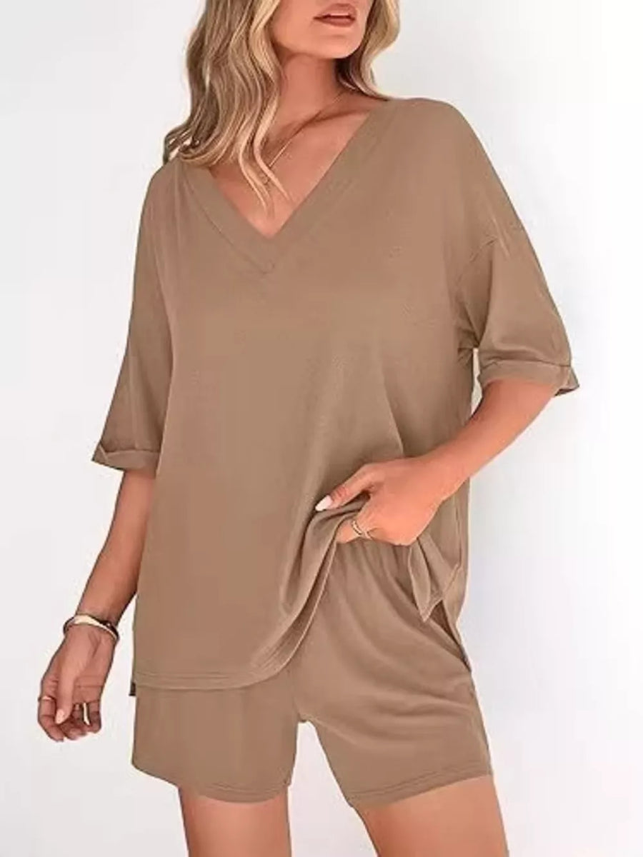 Army Green Solid Color V-neck And Shorts Set