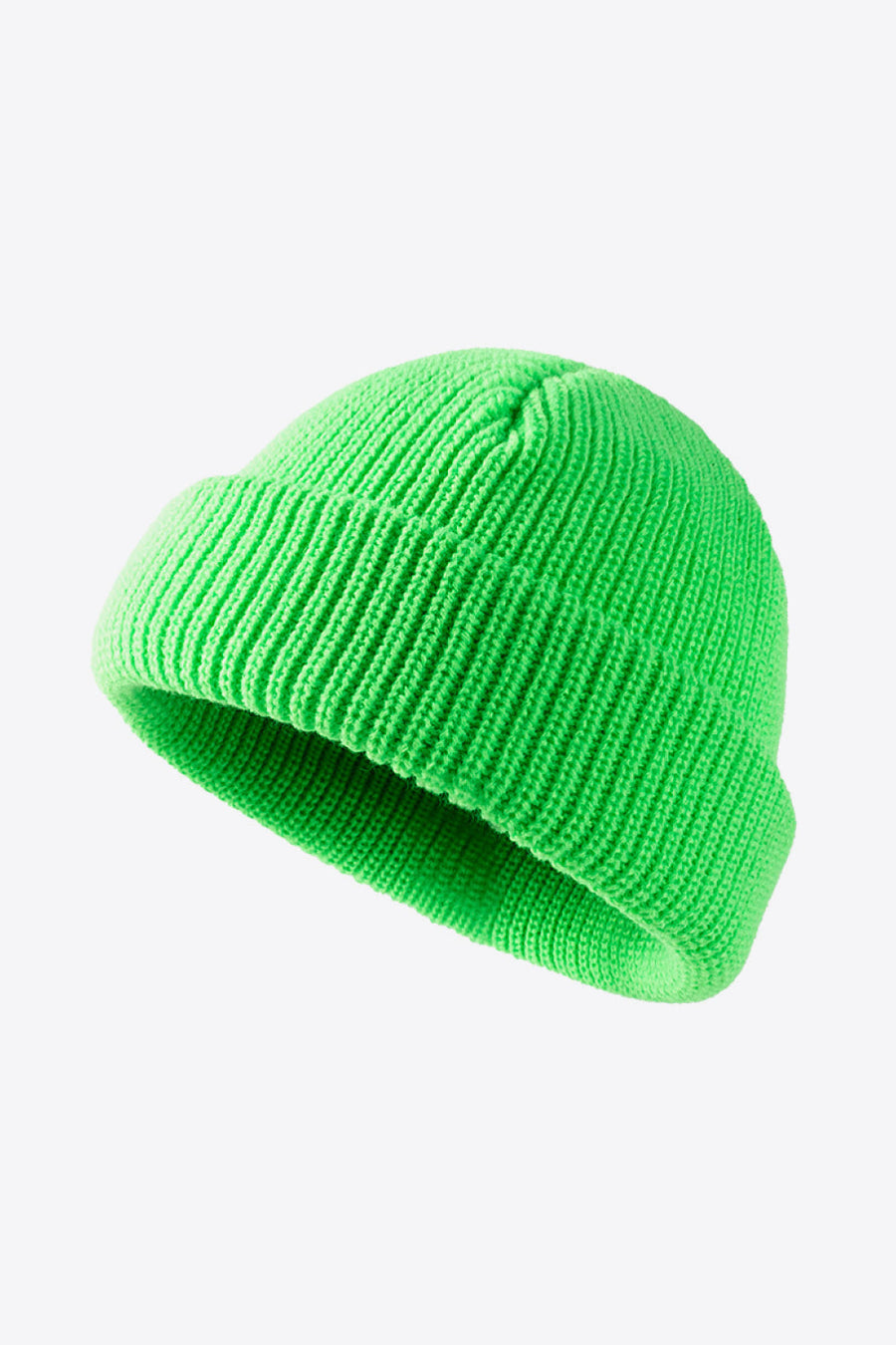 Folded edge ribbed knit beanie in bright green acrylic.