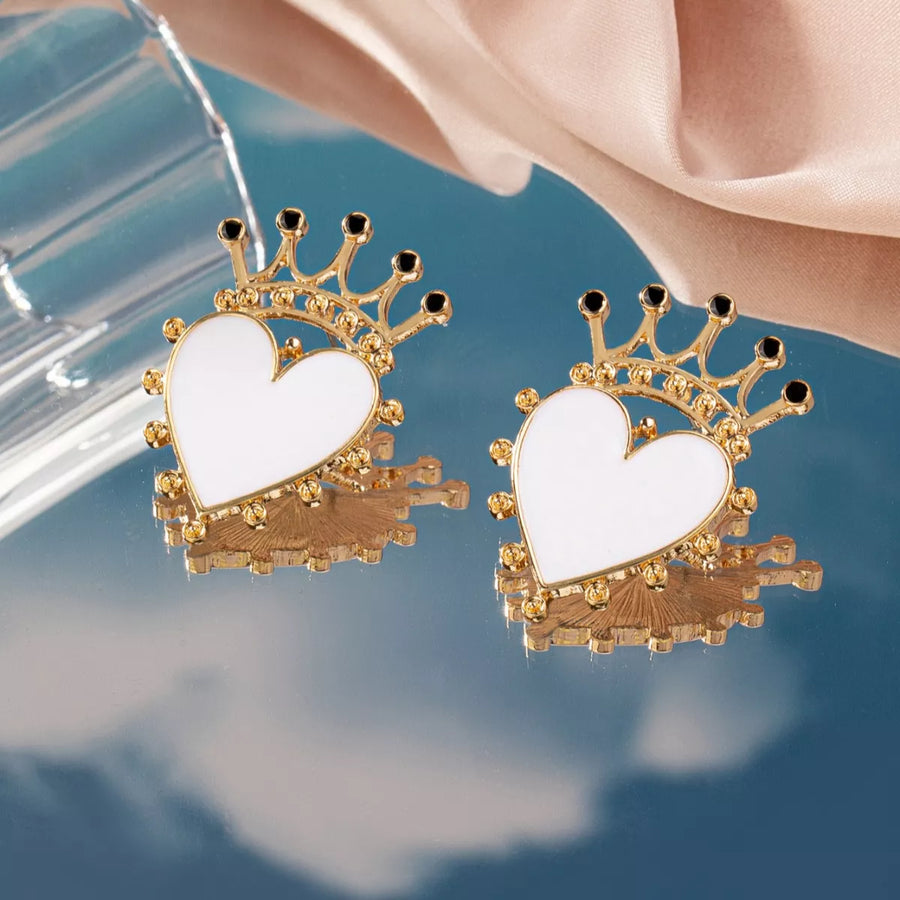 White heart crown stud earrings with gold and black accents