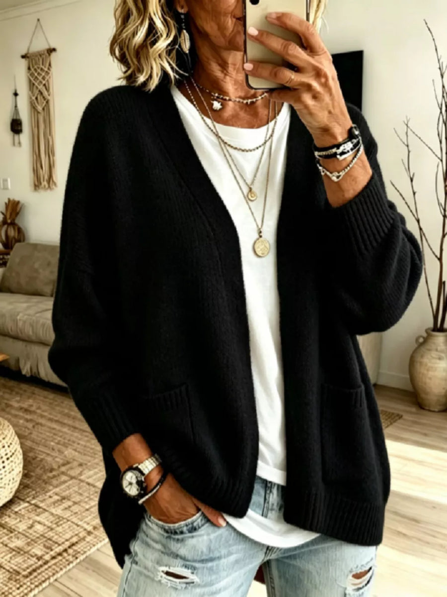 Navy Open Front Knit Cardigan With Pockets