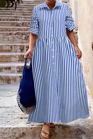 Light Blue Striped Long Sleeve Maxi Shirt Dress